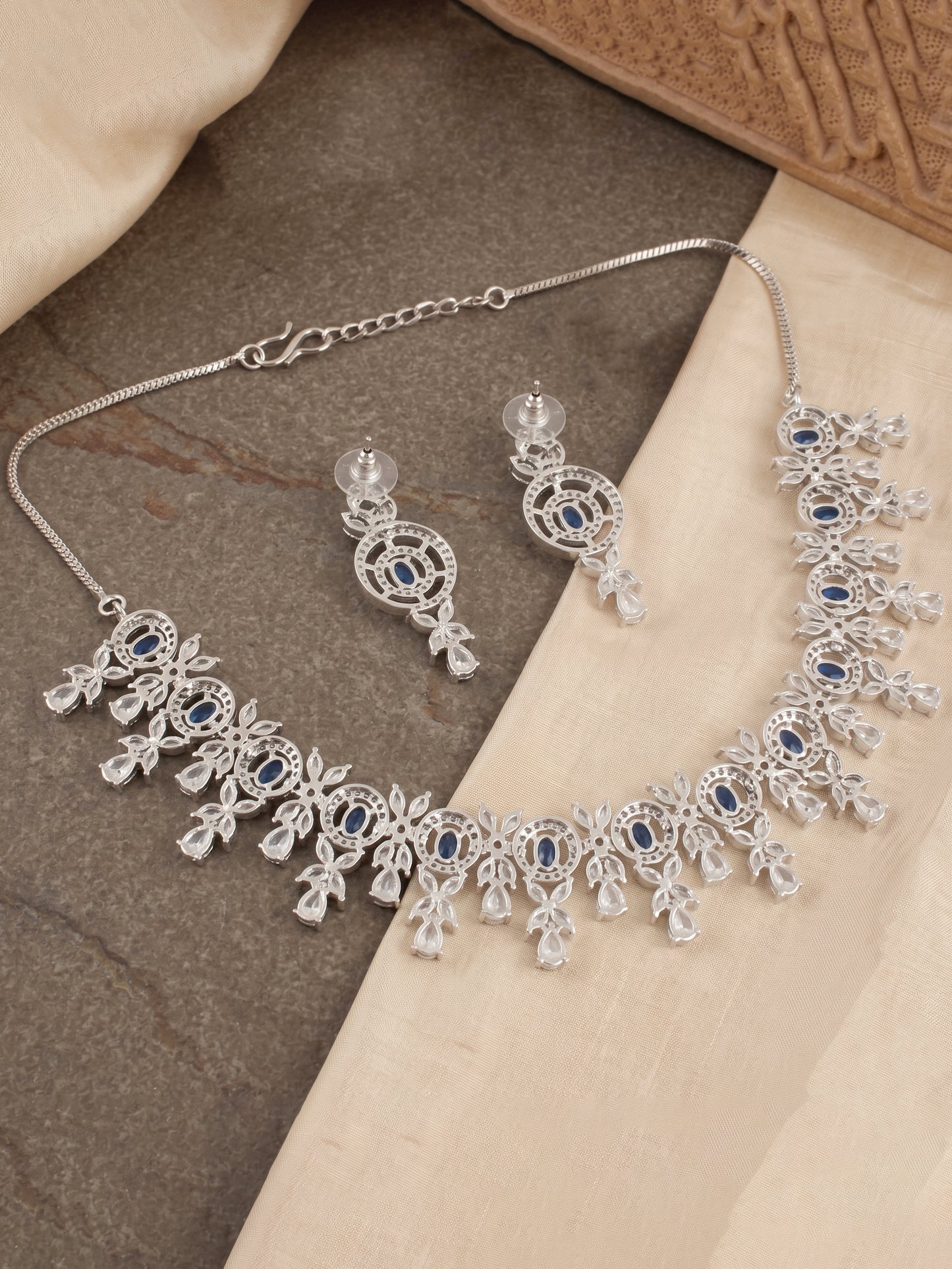 Silver-Tone Blue Stone & American Diamond Necklace Set with Earrings for Women – Office, Party & Function Wear (1717-K4SA-2242-B-S)