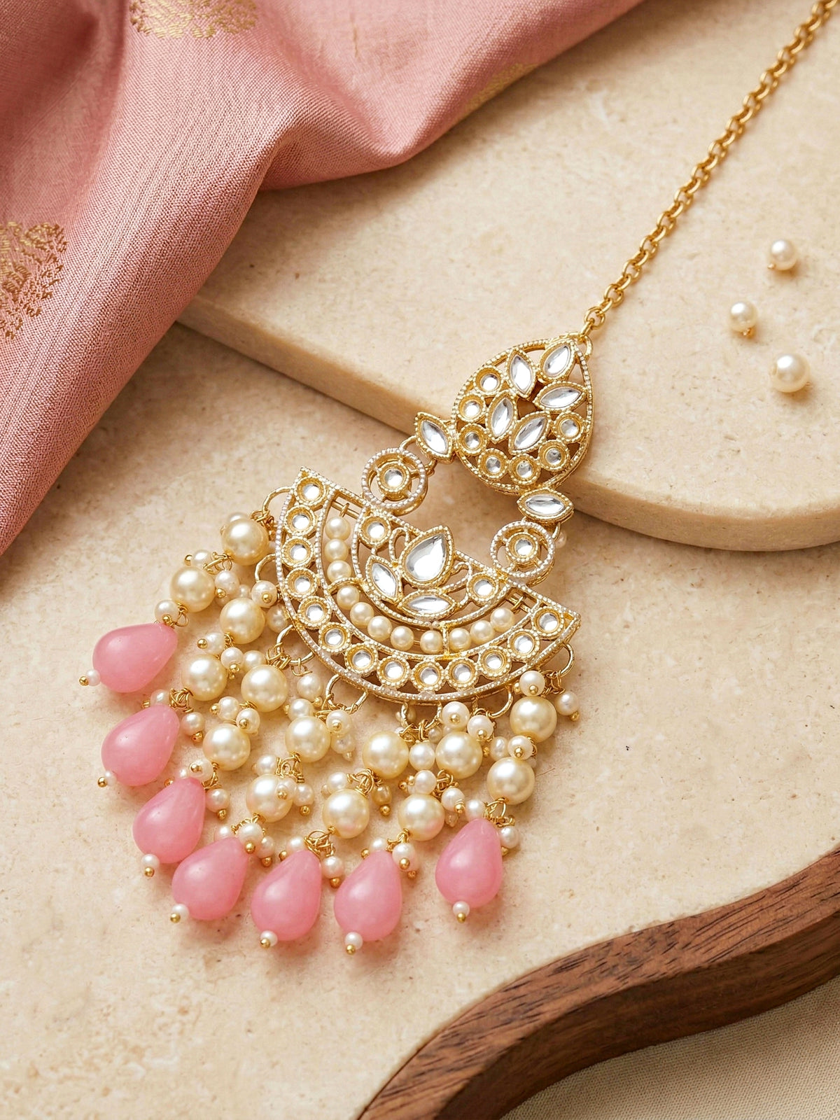Gold Plated Kundan & Pearl Pink Stone Bridal Choker Jewellery Set with Maang Tikka (1683-ISK-855-PK)