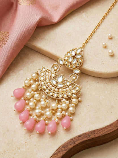 Gold Plated Kundan & Pearl Pink Stone Bridal Choker Jewellery Set with Maang Tikka (1683-ISK-855-PK)
