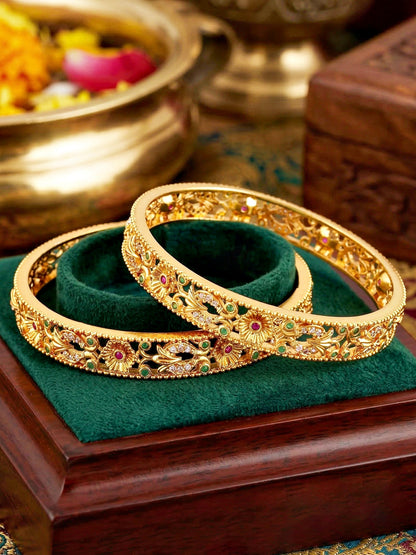 Gold-Plated Temple Floral AD Pink Green Bangle (816-C1BG-2204-2)