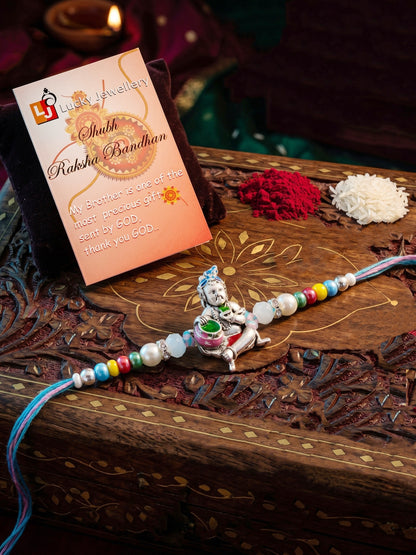 Silver-Tone Bal Gopal Makhan Chor Beaded Rakhi For Brother With Roli Chawal &  Card (102-S5R1-AR2727)