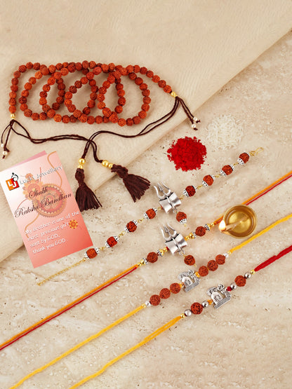 Set of 5 Rudraksha & Silver Trishul Rakhi Set: Shiva-Themed, Metallic Accents, Roli, Chawal & Card (718-JPR1-1994-5-2026)