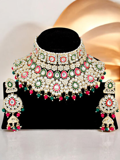 Bridal Kundan Red Green Multicolor Heavy Choker Jewellery Set with Hathphool & Nath (2640-IZK-551-RG)