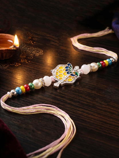 Silver-Finish Krishna Flute Bansuri Mor Pankh Beaded Rakhi Set For Brother | Roli Chawal, Card (132-S5R1-AR2770)