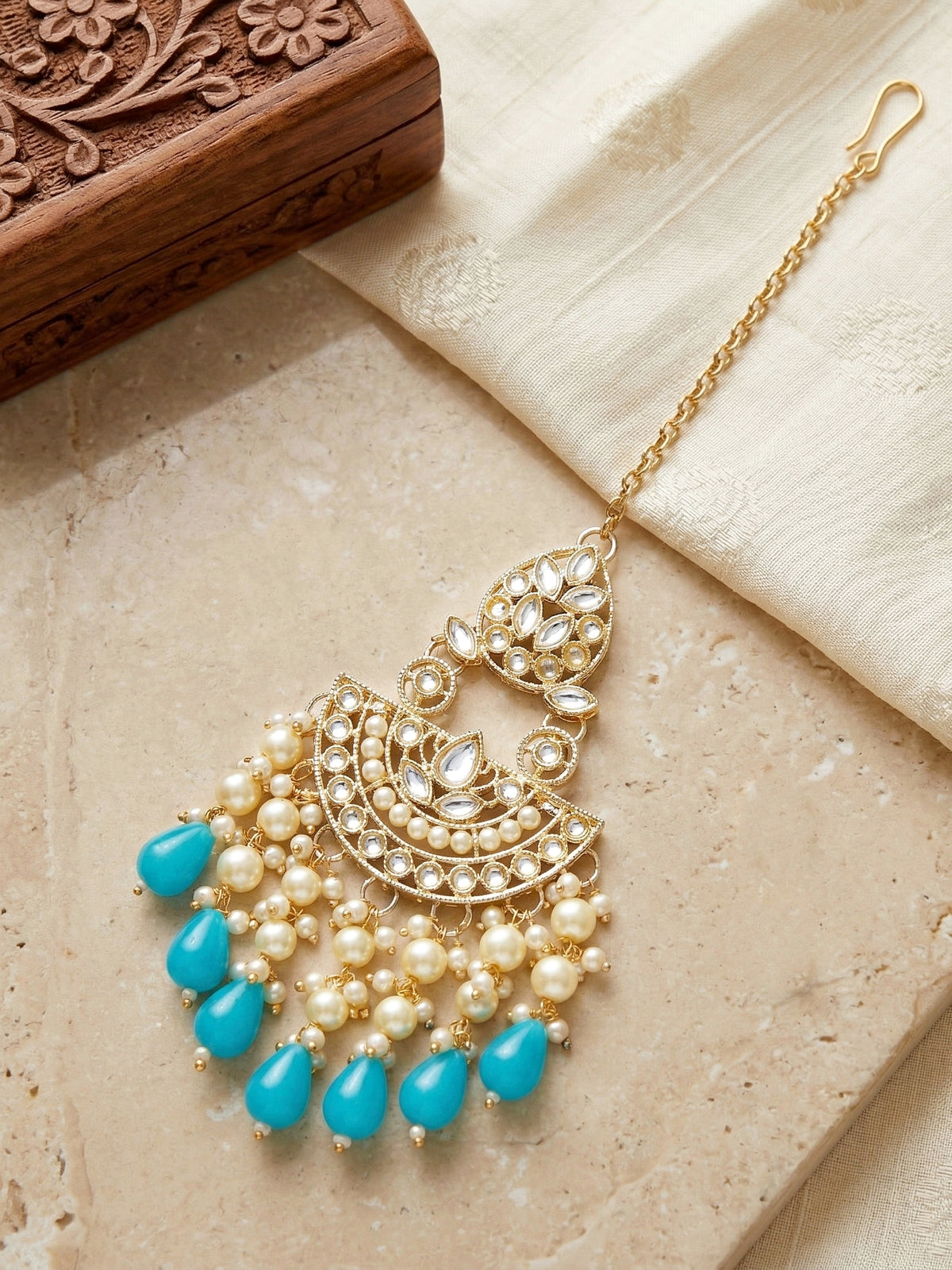 Gold Plated Kundan & Pearl Firozi Stone Bridal Choker Jewellery Set with Maang Tikka (1683-ISK-855-F)