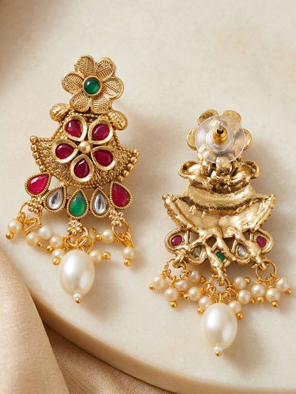 Lucky Jewellery Gold-Plated Ruby & Green Color Long Necklace Set (750-G2SR-206-RG)