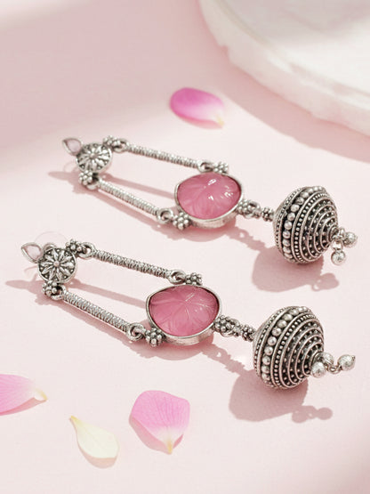 Oxidised Silver Pink Stone Long Dangler Earrings For Girls & Women (370-KEG-13541-PK-S)