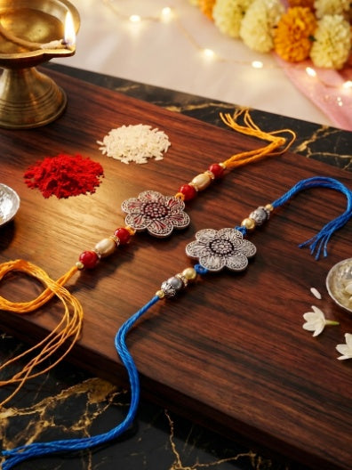 Set of 2 Floral Pendant Rakhi for Brother with Maroon & Blue Beads, Roli Chawal & Card (108-CHR1-1967-S-2-2026)