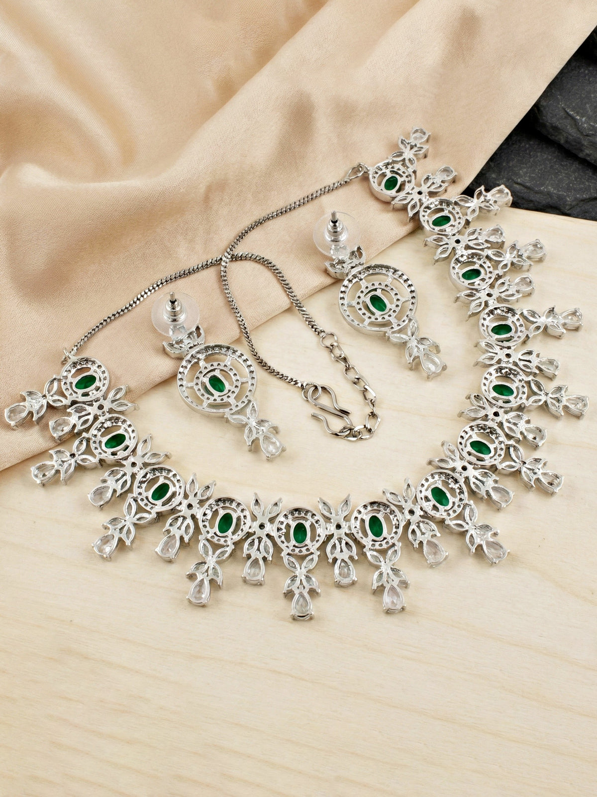 Silver-Tone Green Stone & American Diamond Necklace Set with Earrings for Women – Office, Party & Function Wear (1717-K4SA-2242-G-S)