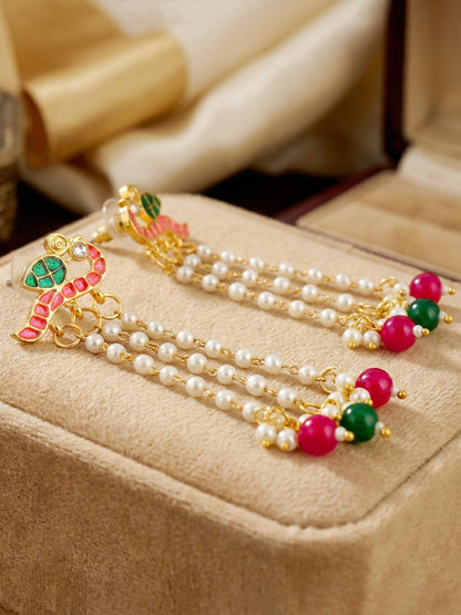 Gold Plated Enamel Bird Moti Layer Long  Earrings with Magenta & Green Beads For Girls & Women (225-KEG-9881-RG)