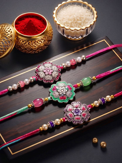 Set of 3 Floral Enamel Rakhi for Brother with Multi & Beads, Roli Chawal & Card (147-CHR1-1966-3-2026)