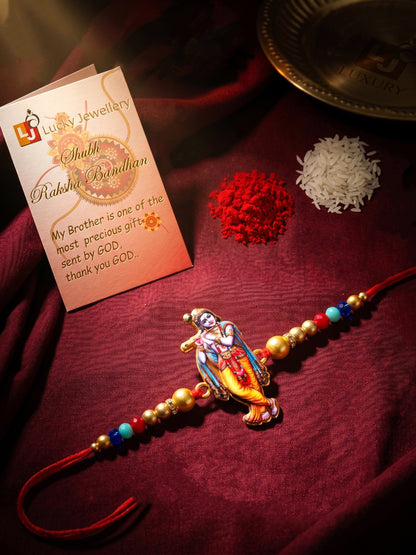 Spiritual Flute-Playing Krishna Beaded Rakhi Set For Brother With Roli Chawal & Card (84-S5R1-JCP328)