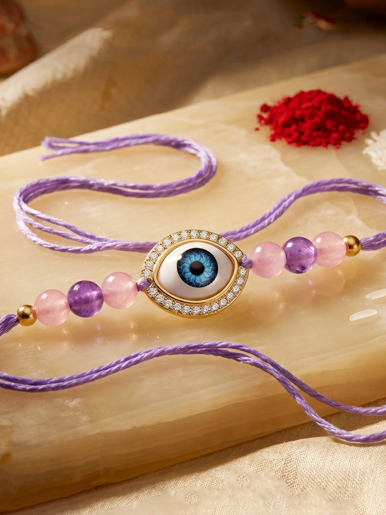 Evil Eye Rakhi for Brother. Protective Charm with Pastel Beads, Roli, Chawal & Card (265-CHR1-1191-P-1-2026)