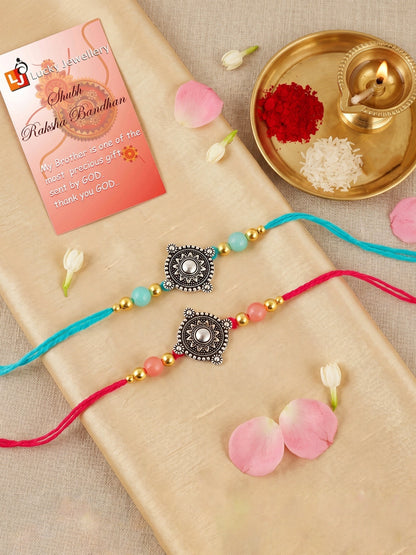 Set of 2 Oxidised Silver Mandala Rakhi for Brother with Pastel Beads, Roli Chawal & Card (84-JPR1-1962-S-2-2026)