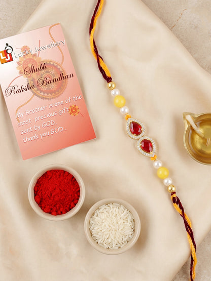 Rakhi for Brother with Maroon drop AD Pendant, White & Yellow Beads, Roli Chawal & Card (176-CHR1-1279-M-1-2026)