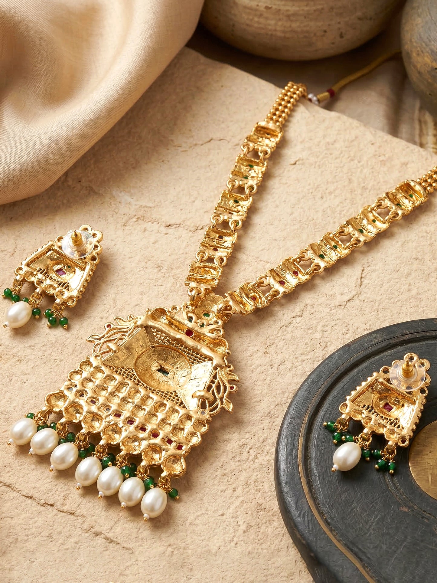 Lucky Jewellery Gold-Plated Ruby & Green Color Long Necklace Set (816-G2SR-207-RG)