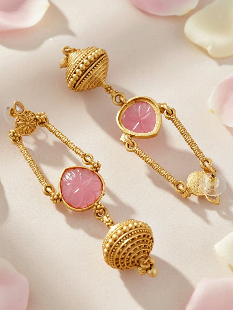 Oxidised Gold Pink Stone Long Dangler Earrings For Girls & Women (370-KEG-13541-PK)
