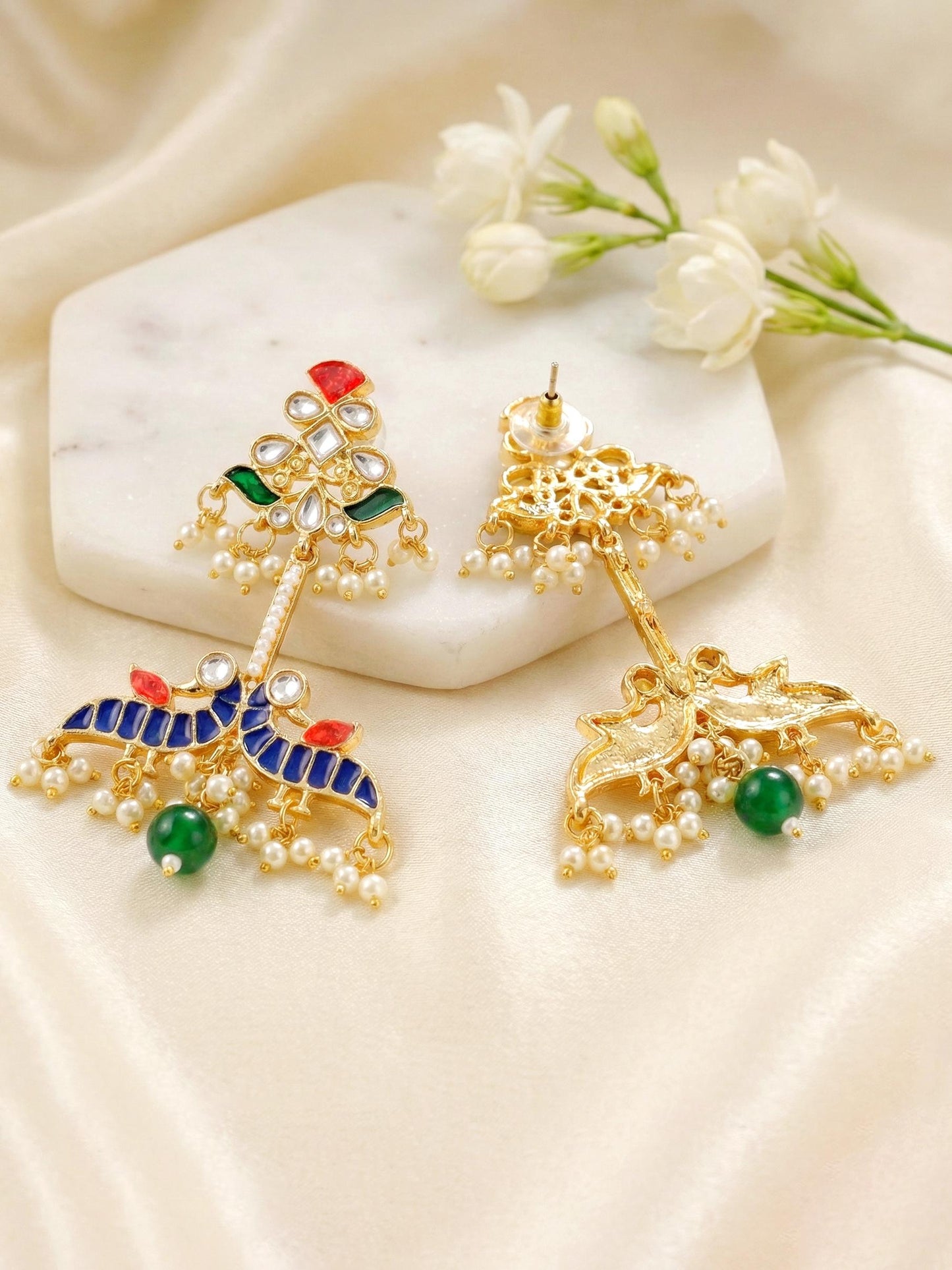 LUCKY JEWELLERY Gold Plated Enamel Peacock Design multicolor with Green Beads Earring For Girls & Women | Kashmiri Style Earing Set | Birthday Gift Earrings Valentine Anniversary
