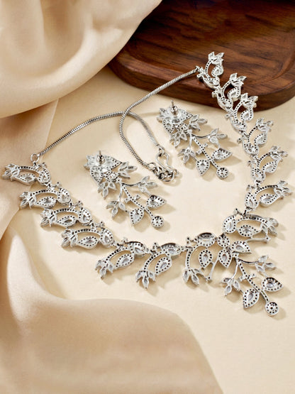 Silver-Tone White Stone & American Diamond Necklace Set with Earrings for Women – Office, Party & Function Wear (1948-K4SA-2241-W-S)