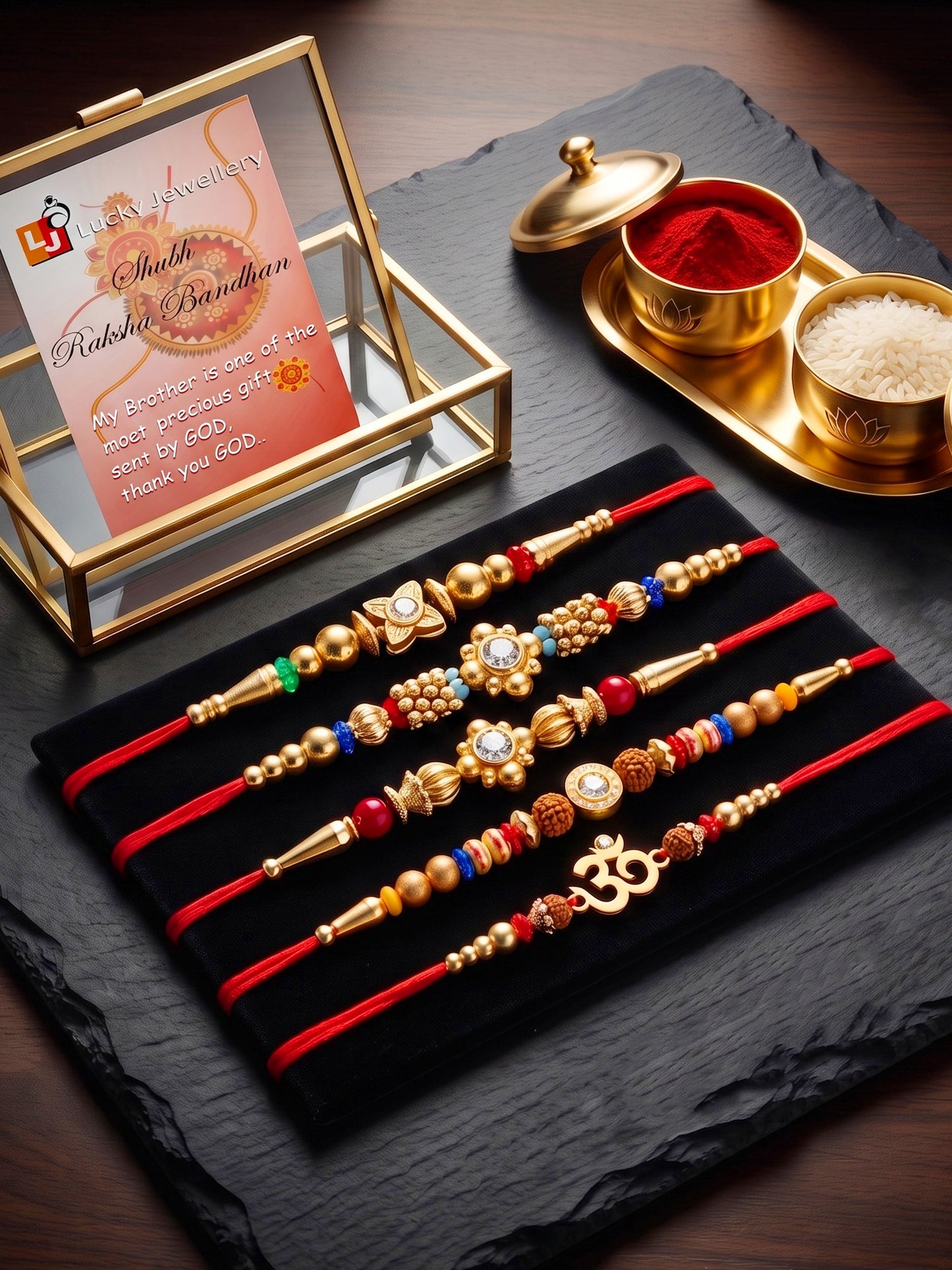 Lucky Jewellery Set of 5 Rakhi with Small Floral & Om Centerpieces, Gold-Tone Beads, Roli Chawal & Card (57-S7R1-2313-5)