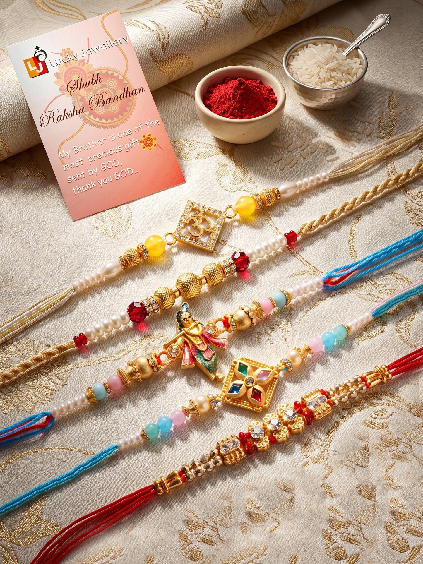 Lucky Jewellery Set of 5 Designer Beaded Rakhi for Brother | Golden Om & Krishna Raksha Bandhan Combo with Roli, Chawal & Card (259-S7R1-2320-5)