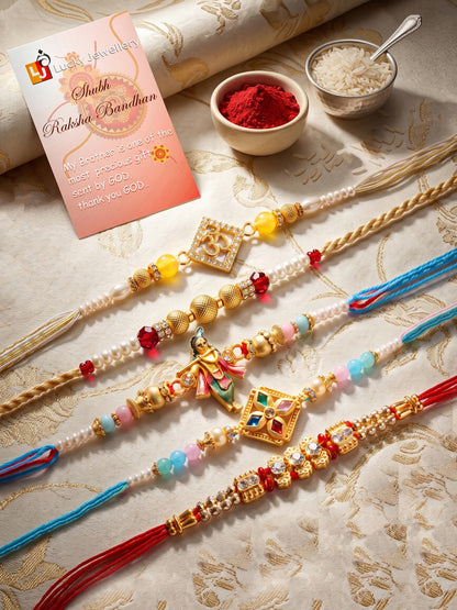 Lucky Jewellery Set of 5 Designer Beaded Rakhi for Brother | Golden Om & Krishna Raksha Bandhan Combo with Roli, Chawal & Card (259-S7R1-2320-5)