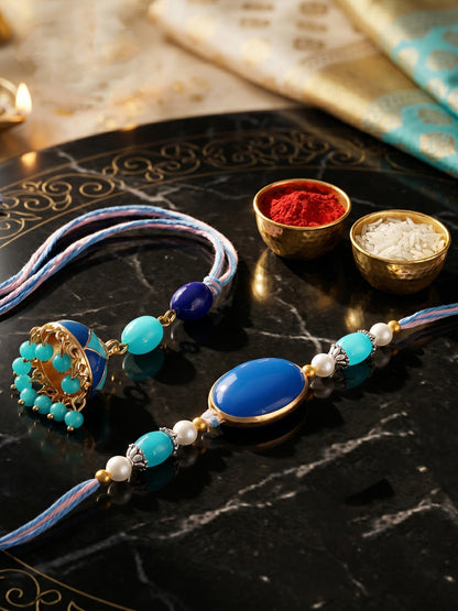 Set of 2 Blue Faux Stone Bhaiya Bhabhi Rakhi Set with Jhumki Lumba, Blue & White Beads (265-CHCR1-1151-FB-2-2026)