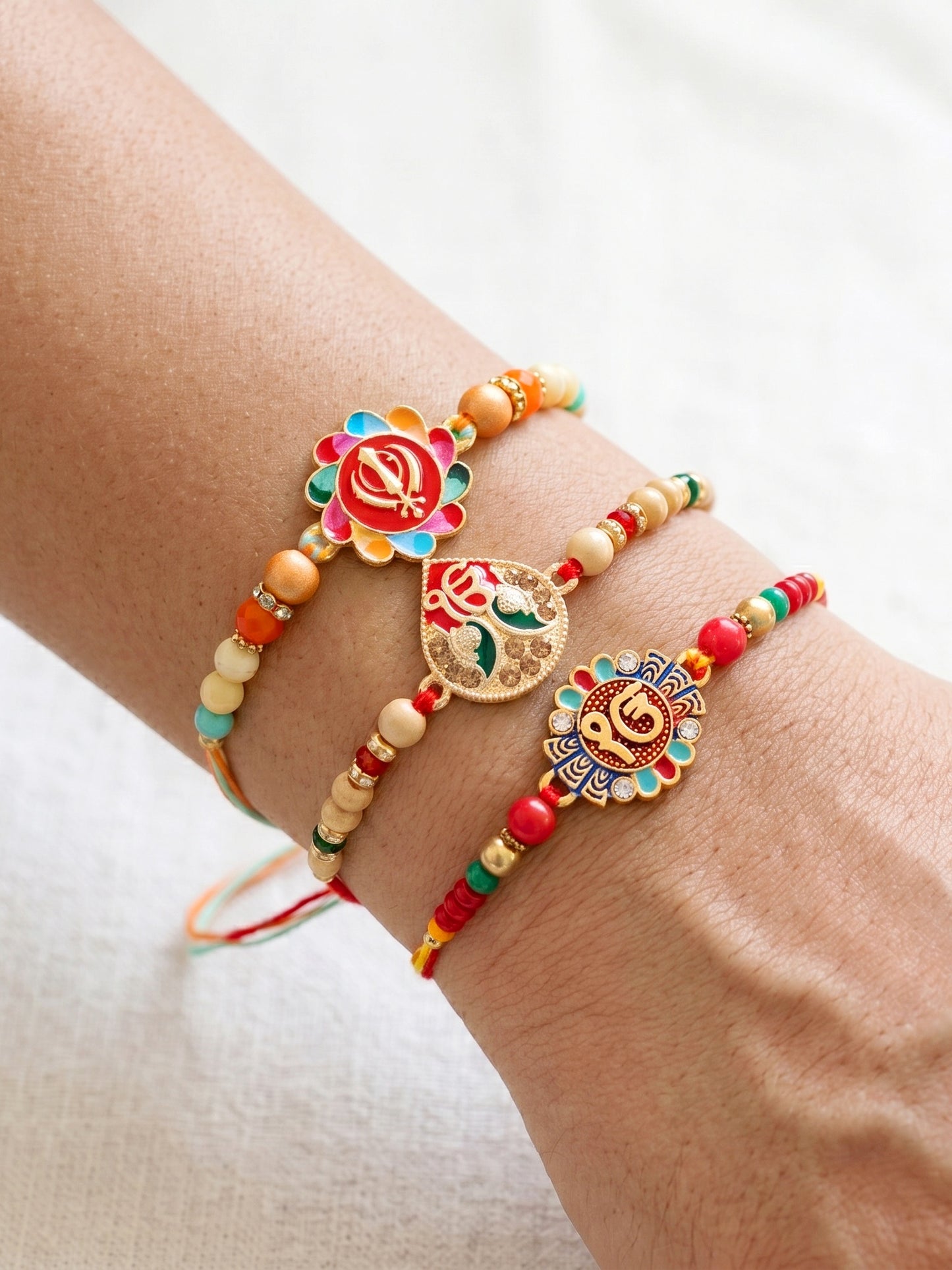 Lucky Jewellery Set of 3 Khanda & Ek Onkar Rakhi for Brother | Sikh Religious Beaded Raksha Bandhan Thread Combo with Roli, Chawal & Card (306-S5R1-2309-3)