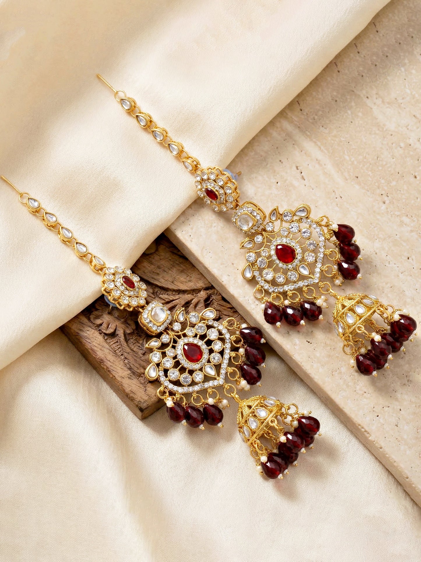 Bridal AD Maroon Stone Heavy Choker Jewellery Set with Sheesh Patti, Nath & Jhumka (3300-M8ZK-1102-M)