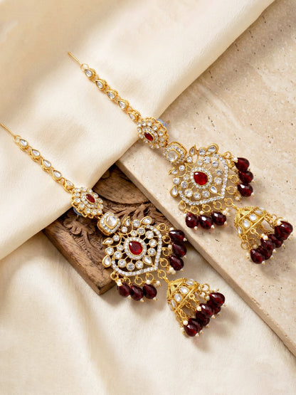 Bridal AD Maroon Stone Heavy Choker Jewellery Set with Sheesh Patti, Nath & Jhumka (3300-M8ZK-1102-M)