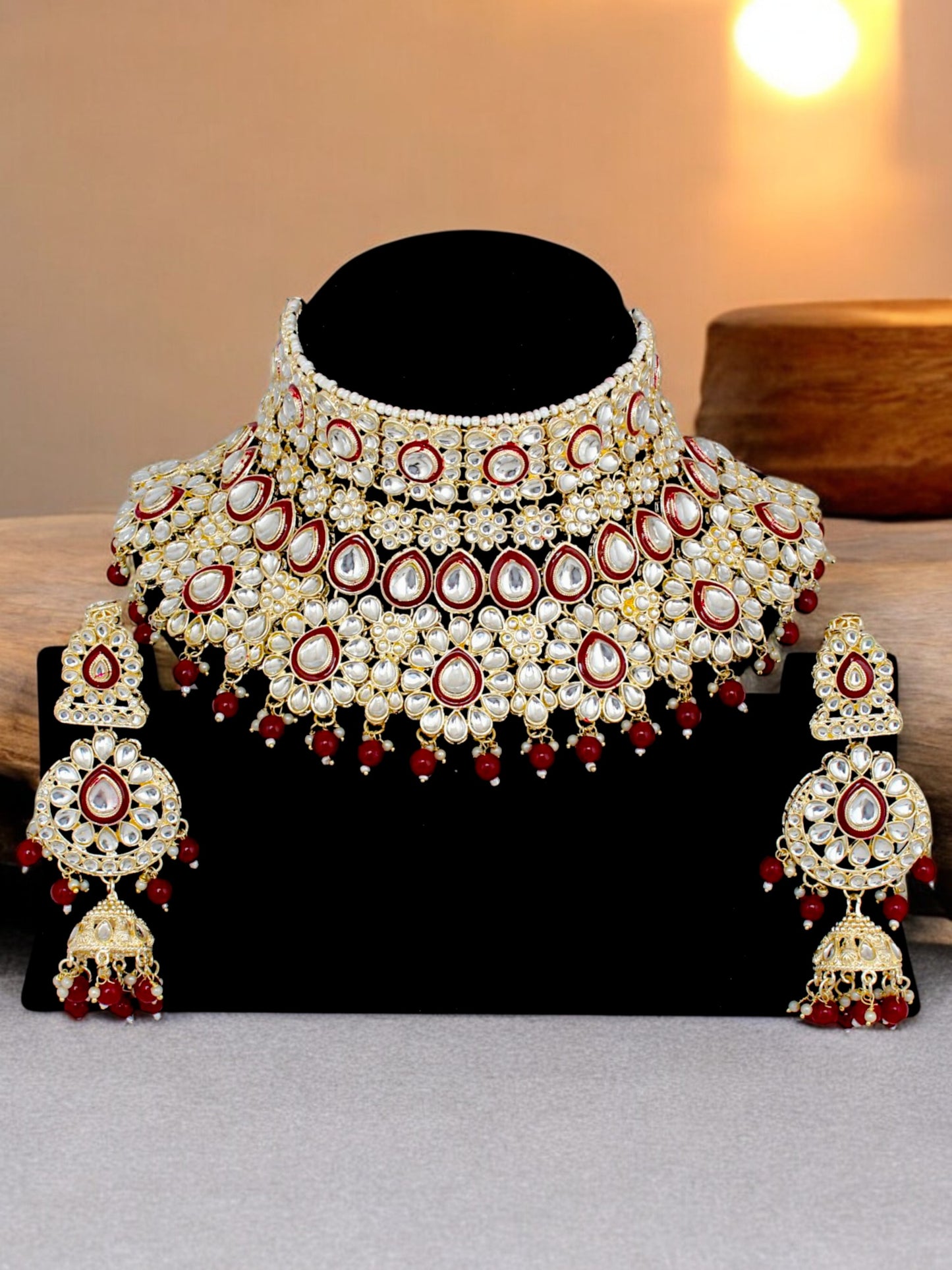 Bridal Kundan Maroon Heavy Choker Jewellery Set with Hathphool & Nath (2640-IZK-551-M)