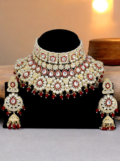 Bridal Kundan Maroon Heavy Choker Jewellery Set with Hathphool & Nath (2640-IZK-551-M)