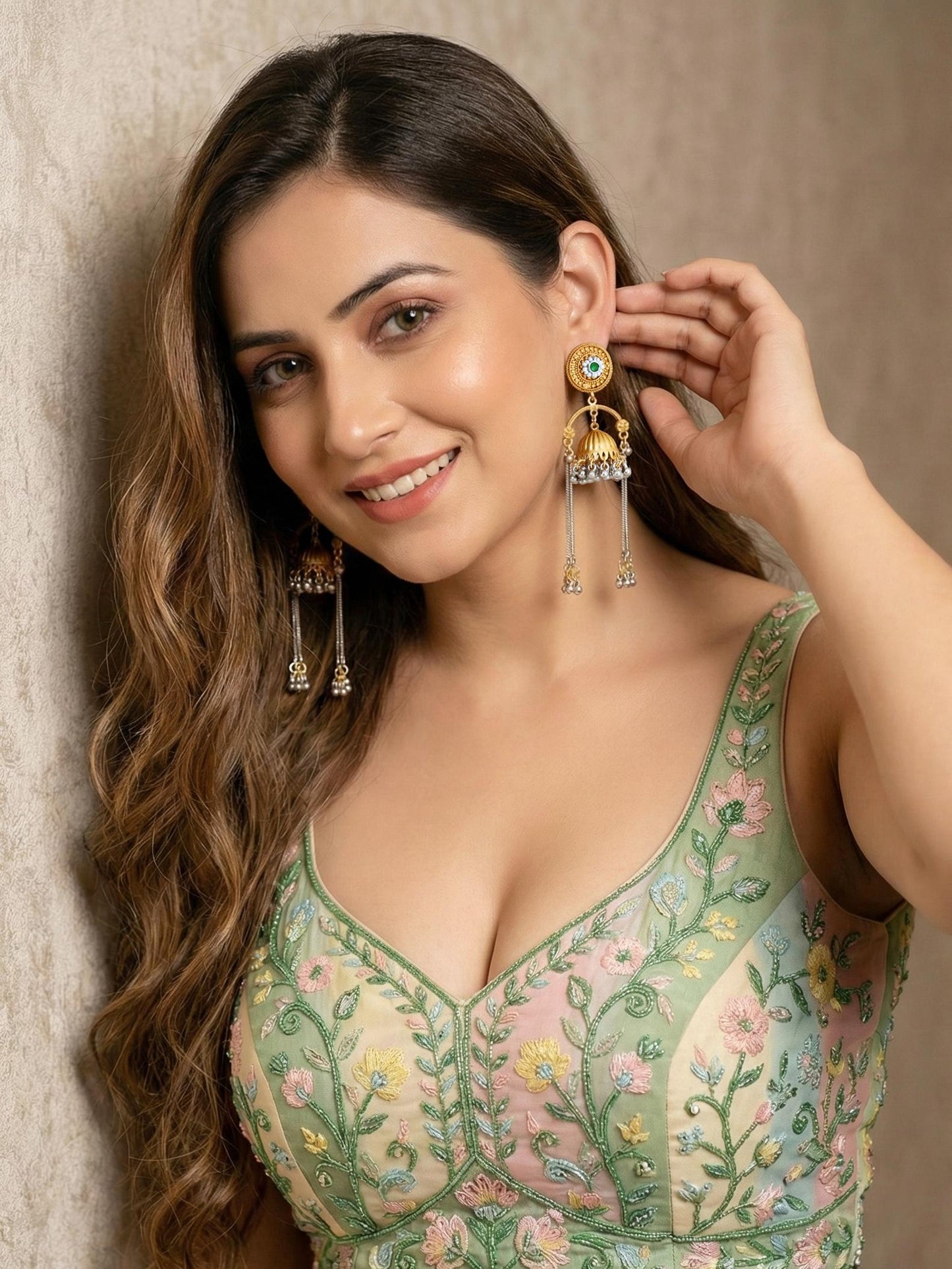 LUCKY JEWELLERY Trendy Celebrity Inspired Oxidised Silver Pink Stone Long Dangler Earrings For Girls & Women | Antique Silver Jhumkee Earing Set | Birthday Gift Earrings Valentine Anniversary Gift