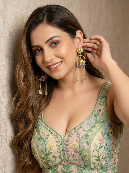 LUCKY JEWELLERY Trendy Celebrity Inspired Oxidised Silver Pink Stone Long Dangler Earrings For Girls & Women | Antique Silver Jhumkee Earing Set | Birthday Gift Earrings Valentine Anniversary Gift