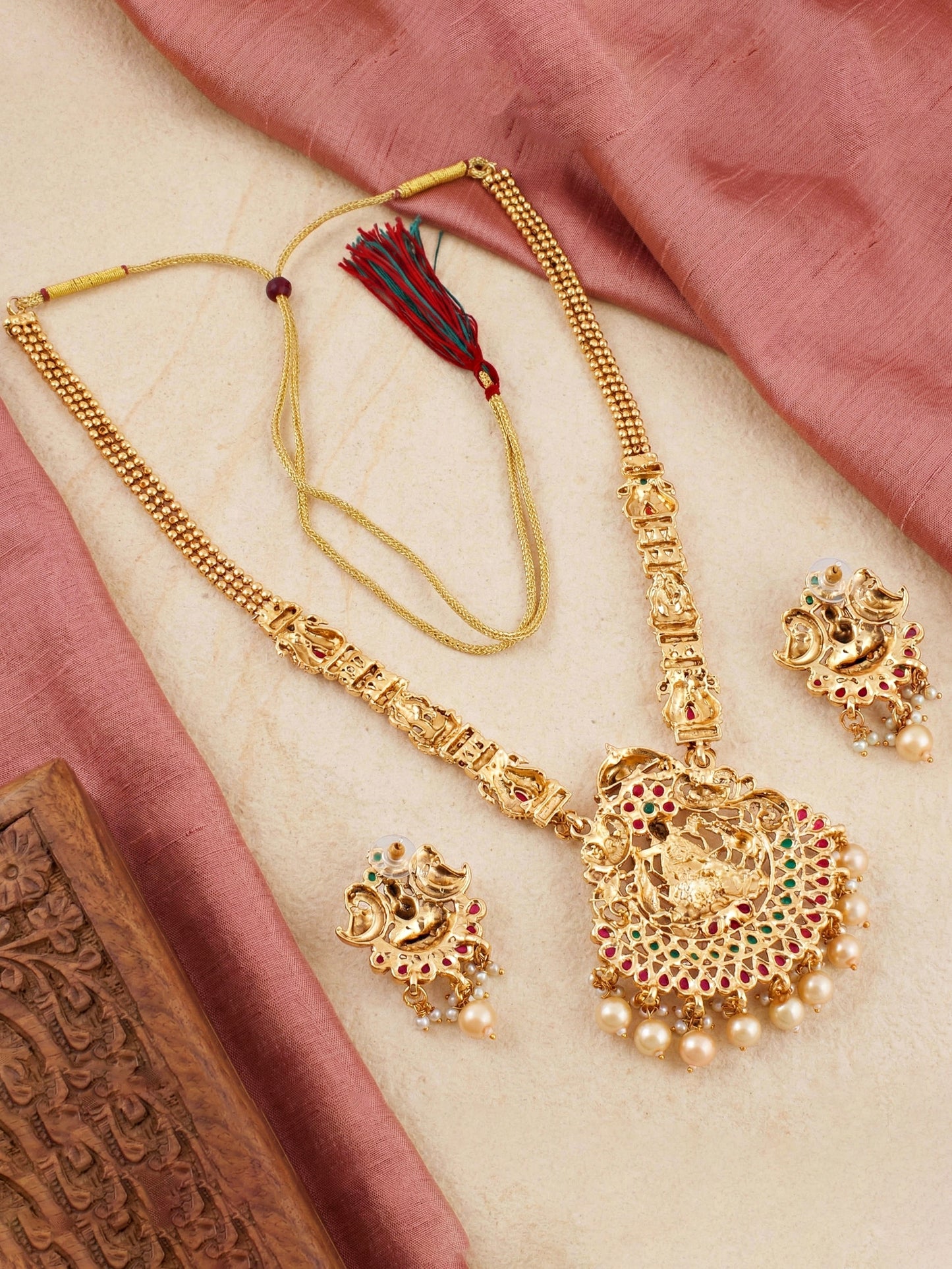 Lucky Jewellery Gold-Plated Laxmi Idol Temple Ruby & Green Color Necklace Set (660-G2SR-202-RG)