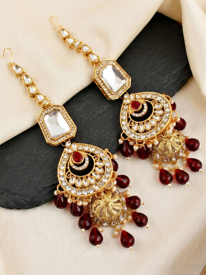 Bridal AD Maroon Stone Heavy Choker Jewellery Set with Sheesh Patti, Nath & Jhumka (3300-M8ZK-1106-M)