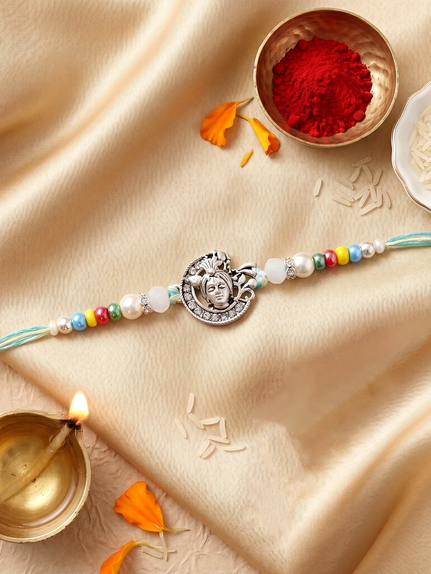 Silver-Tone Bal Gopal Krishna Rakhi for Brother | Beaded Rakhi Set With Roli Chawal & Greeting Card (102-S5R1-AR3007)