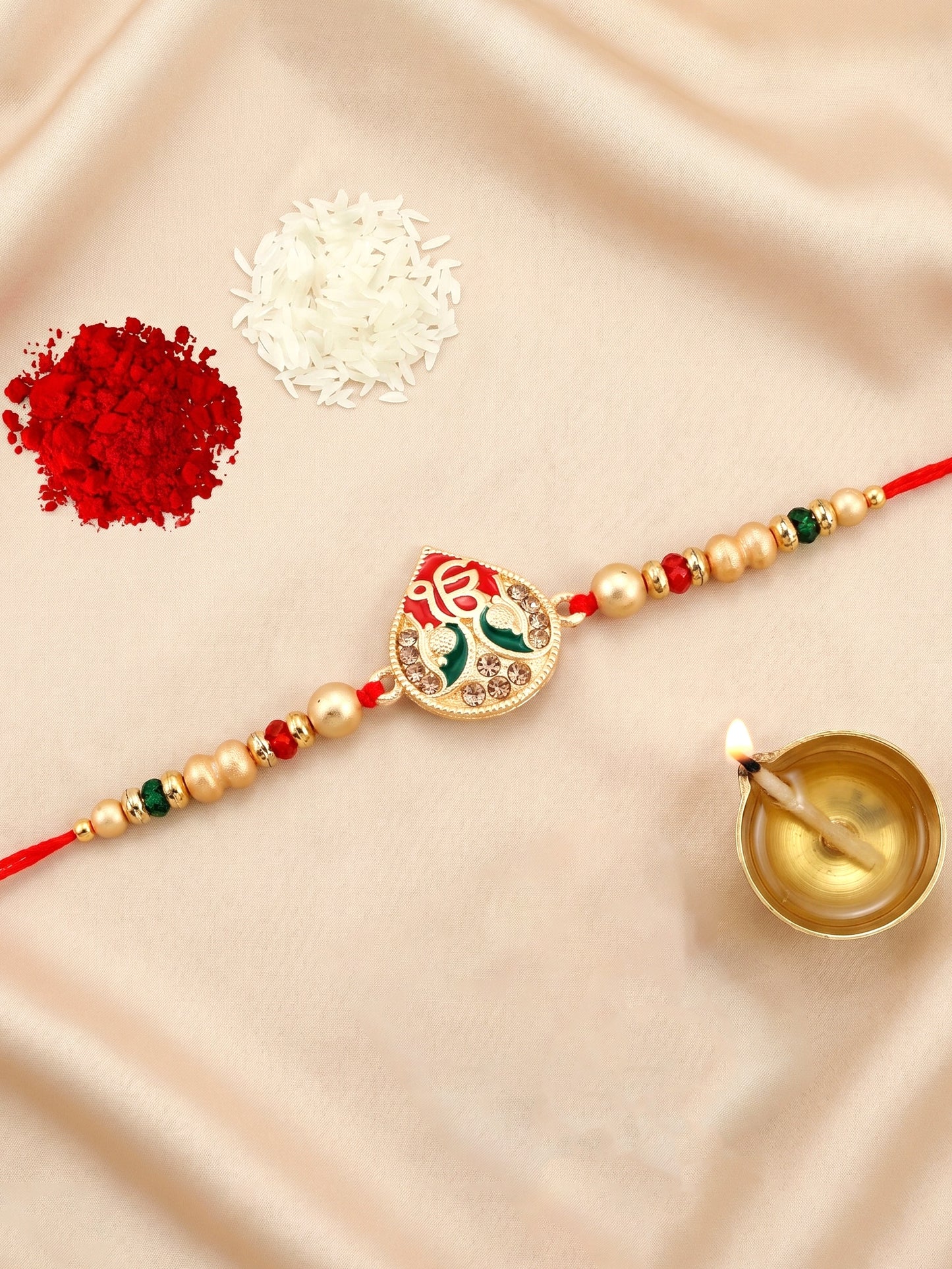 Ek Onkar Matte Gold Beaded Rakhi Set For Brother | Punjabi Sikh Rakhi With Roli Chawal, Card (102-S5R1-SA0177)