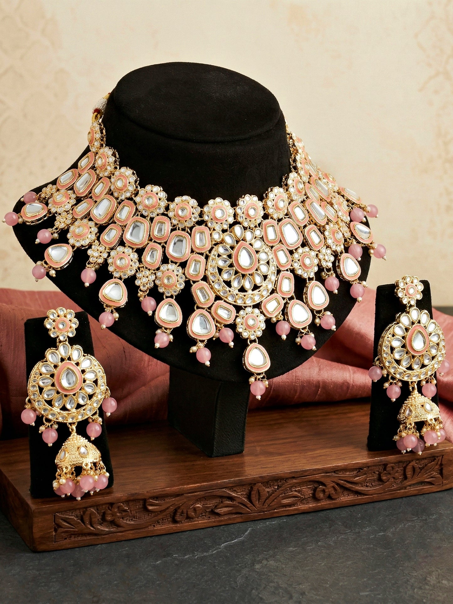 Bridal Kundan Pink Choker Jewellery Set with Hathphool & Nath (2541-IZK-554-PK)