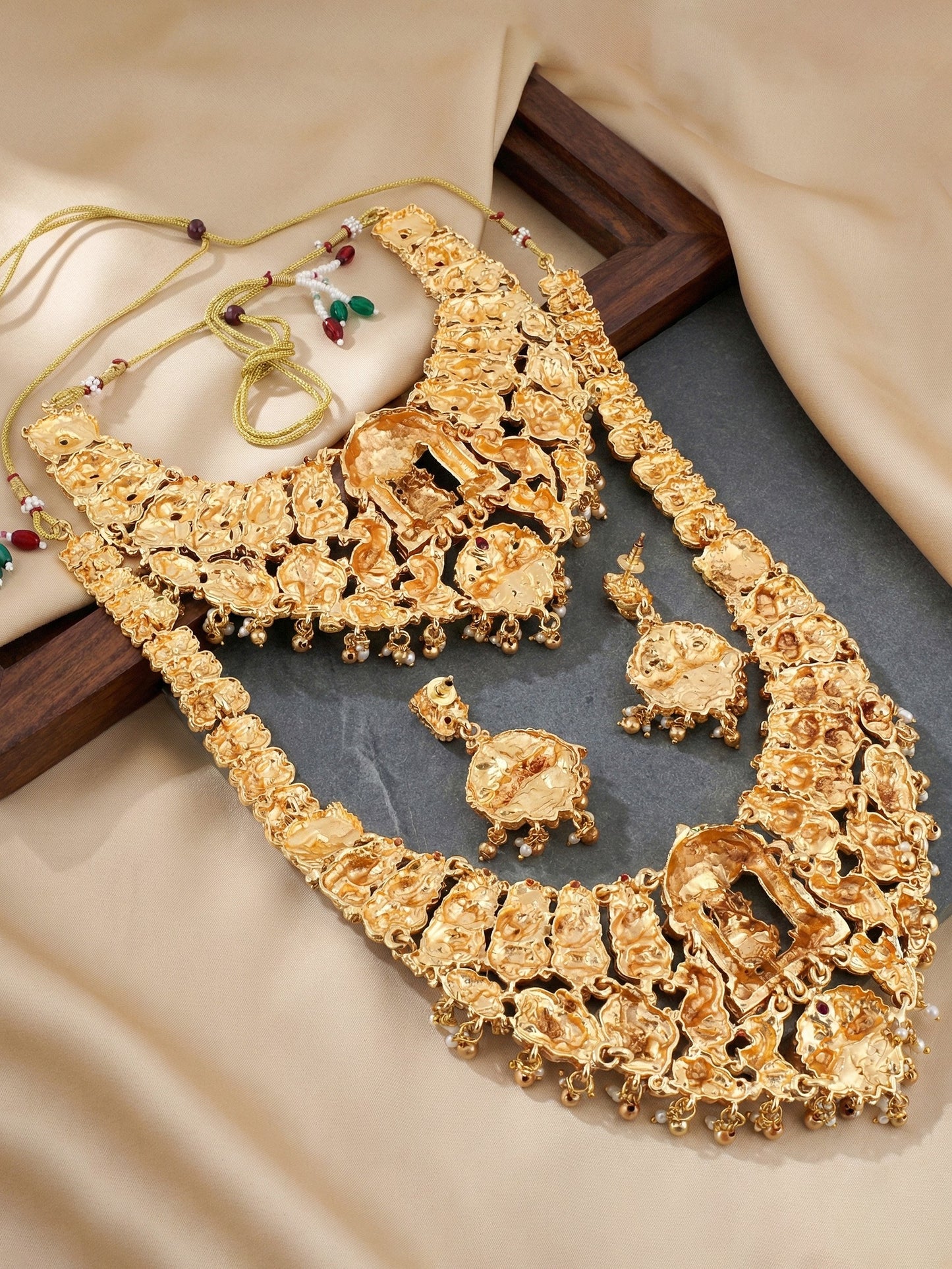 Antique Gold Plated South Indian Temple Jewelry Layered Set | Goddess Lakshmi Choker & Long Necklace with Matching Earrings for Women (3317-ISR-2184-RG)