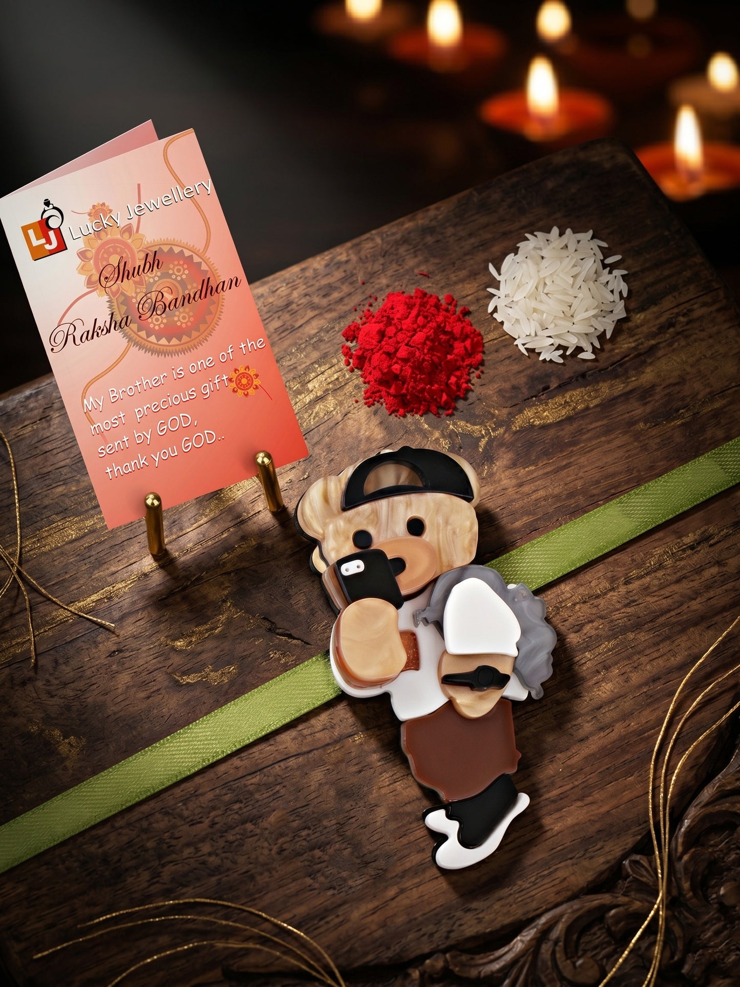 Kids Rakhi for Little Brother, Cute Selfie Teddy Bear Acrylic Charm on Green Ribbon, Roli, Chawal (425-CHR1-1193-1-2026)