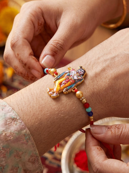 Spiritual Flute-Playing Krishna Beaded Rakhi Set For Brother With Roli Chawal & Card (84-S5R1-JCP328)