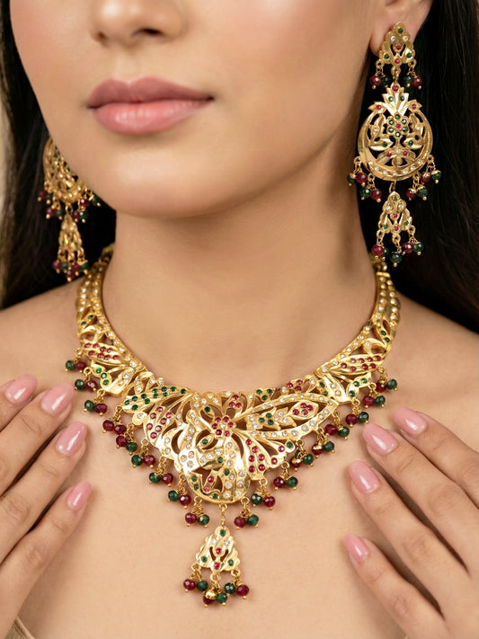 Gold Plated Navratan Bridal Jewellery Set | Traditional Red Green Stone Necklace Set with Earrings for Wedding, Engagement & Festive Wear (924-CSN-C463-RG)