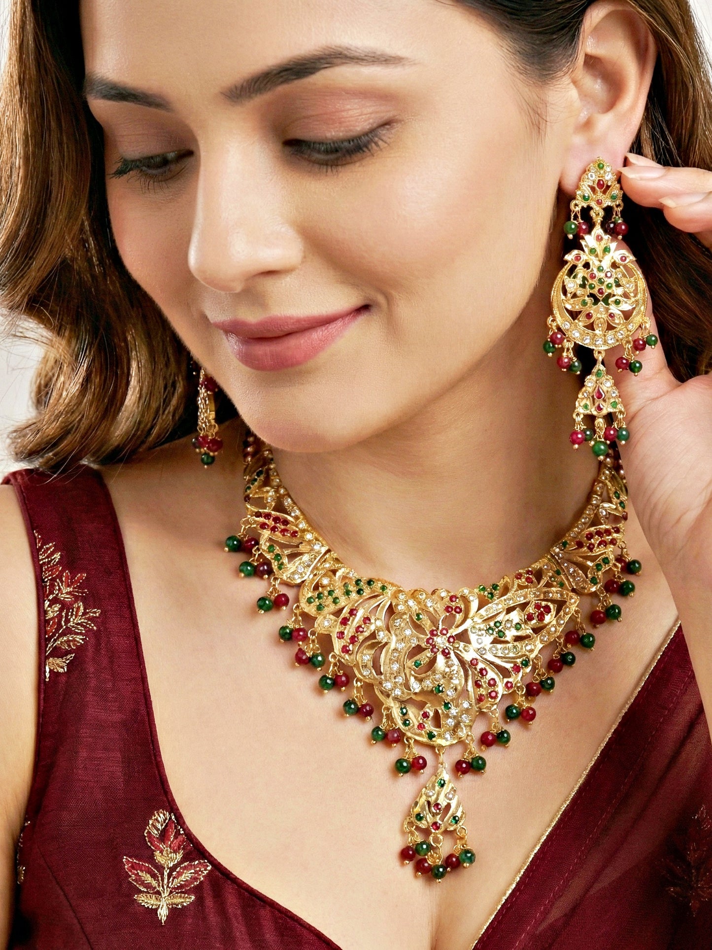Gold Plated Navratan Bridal Jewellery Set | Traditional Red Green Stone Necklace Set with Earrings for Wedding, Engagement & Festive Wear (924-CSN-C463-RG)