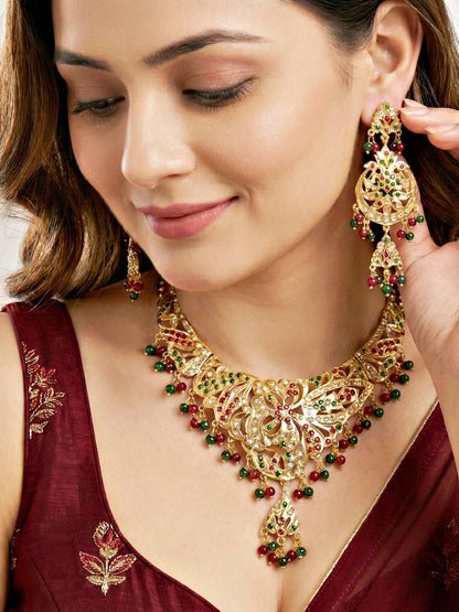 Gold Plated Navratan Bridal Jewellery Set | Traditional Red Green Stone Necklace Set with Earrings for Wedding, Engagement & Festive Wear (924-CSN-C463-RG)