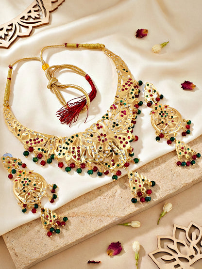 Gold Plated Navratan Bridal Jewellery Set | Traditional Red Green Stone Necklace Set with Earrings for Wedding, Engagement & Festive Wear (924-CSN-C463-RG)