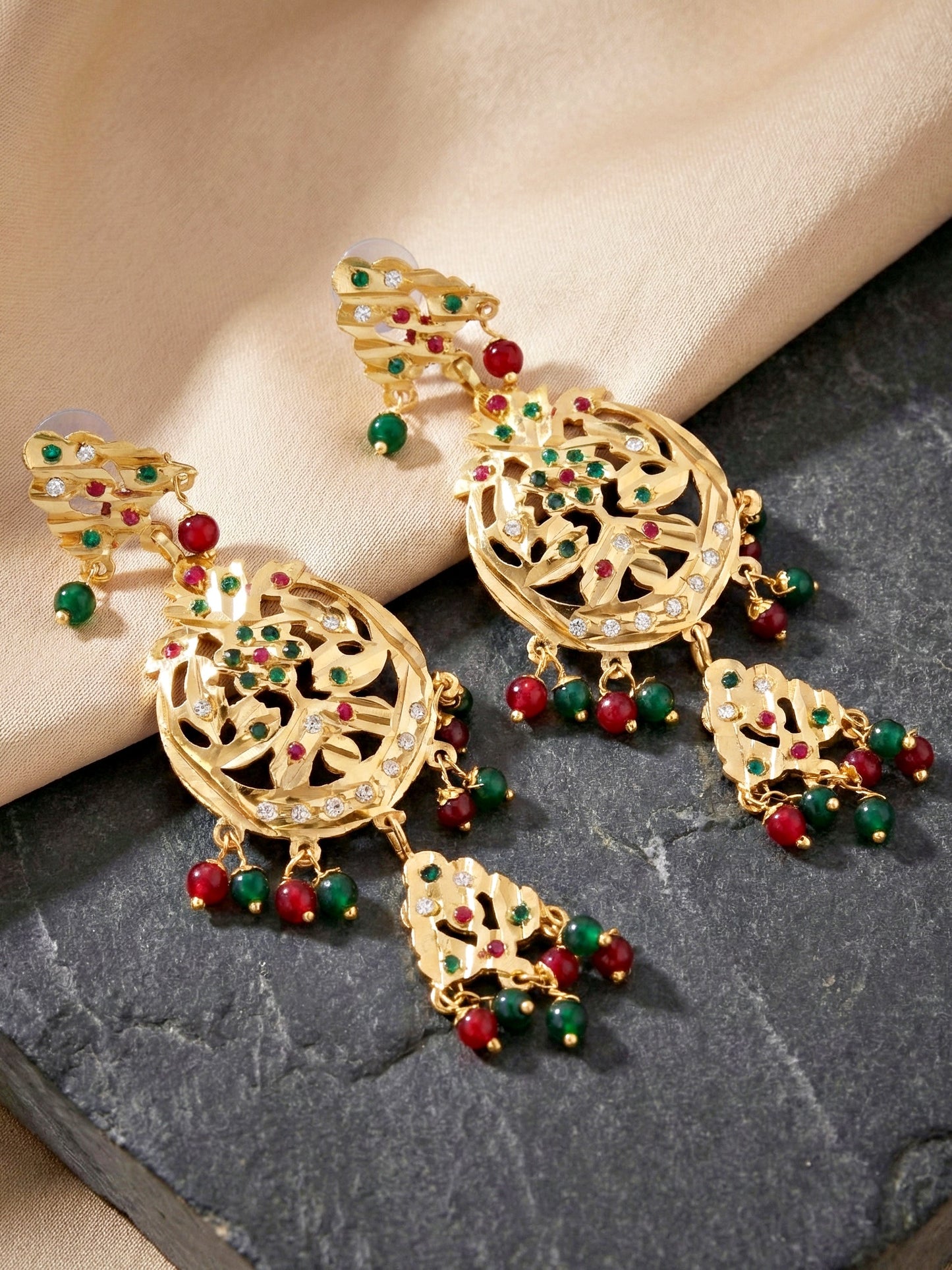 Gold Plated Navratan Bridal Jewellery Set | Traditional Red Green Stone Necklace Set with Earrings for Wedding, Engagement & Festive Wear (924-CSN-C463-RG)