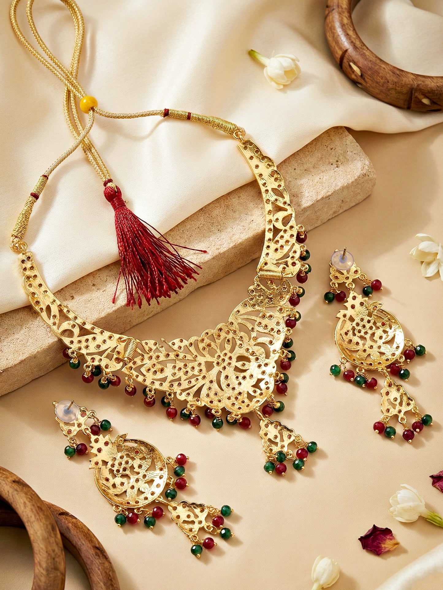 Gold Plated Navratan Bridal Jewellery Set | Traditional Red Green Stone Necklace Set with Earrings for Wedding, Engagement & Festive Wear (924-CSN-C463-RG)