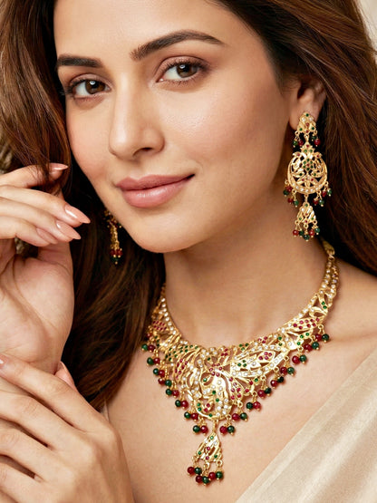 Gold Plated Navratan Bridal Jewellery Set | Traditional Red Green Stone Necklace Set with Earrings for Wedding, Engagement & Festive Wear (924-CSN-C463-RG)