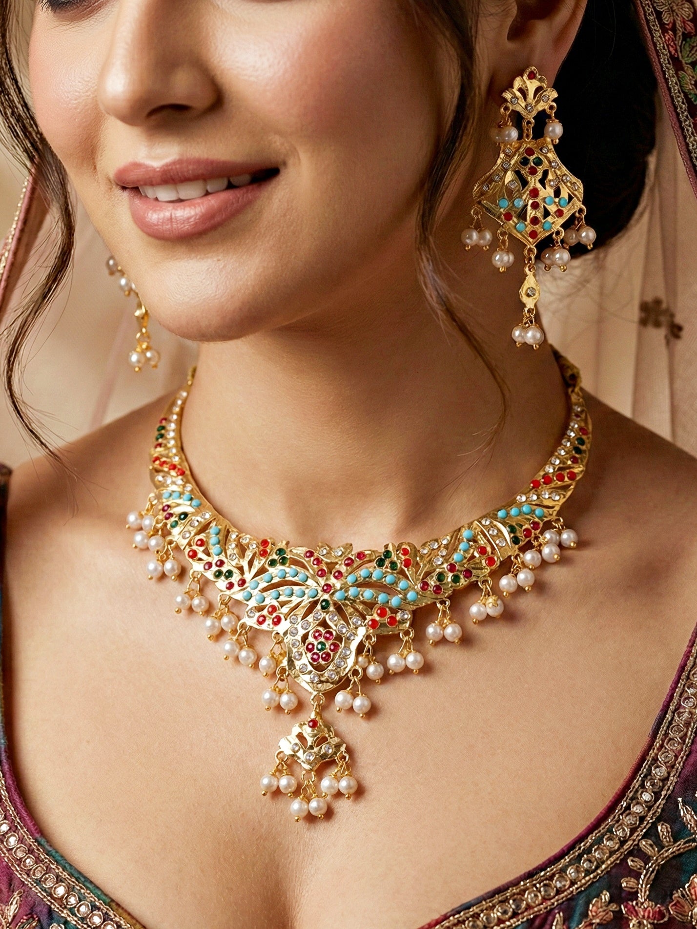 Gold Plated Navratan Necklace Set with Earrings | Multicolor Stone & Pearl Drops Traditional Bridal Jewellery for Women (924-CSN-C575-MT)